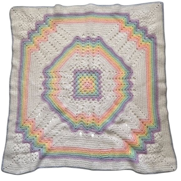 Handmade Baby Blanket Crochet Pastel Rainbow Blue Trim 35 x 35 Square - Picture 1 of 5